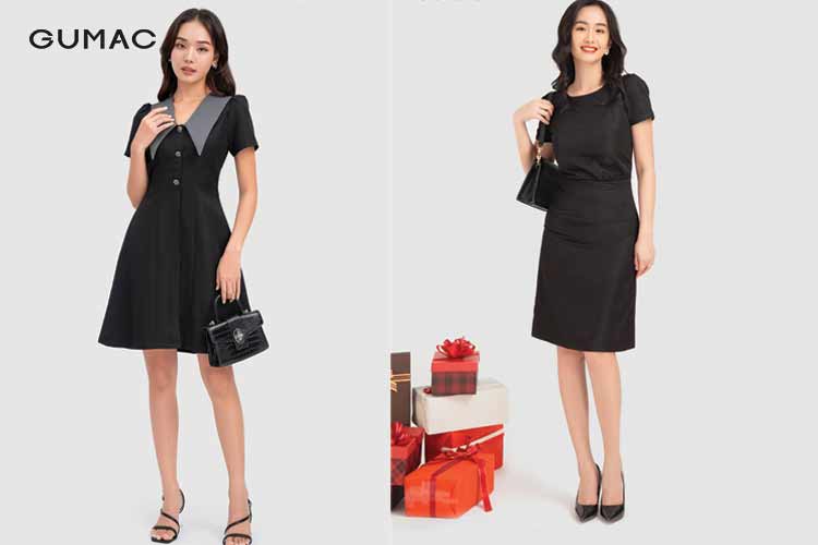 Giày cao gót đen, xanh và phụ kiện cùng màu