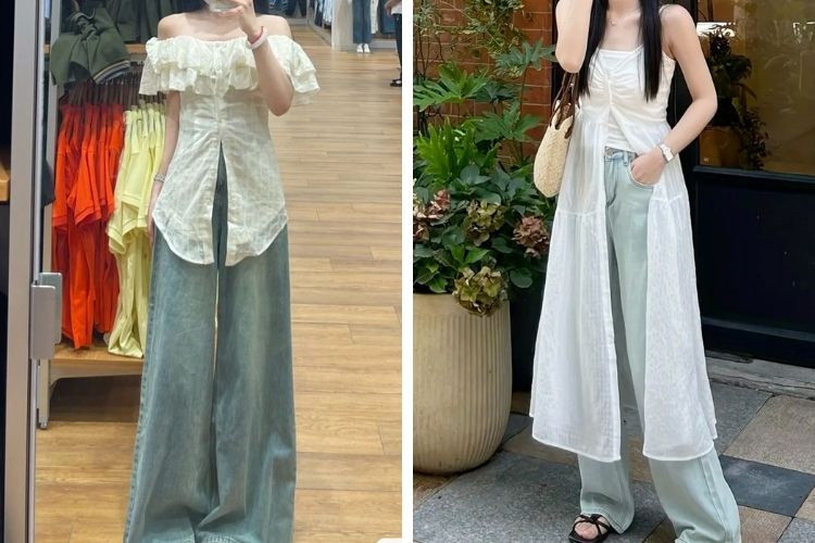 Phối quần jean dài cùng áo 2 dây xòe tà Phối quần jean dài cùng áo 2 dây xòe tà