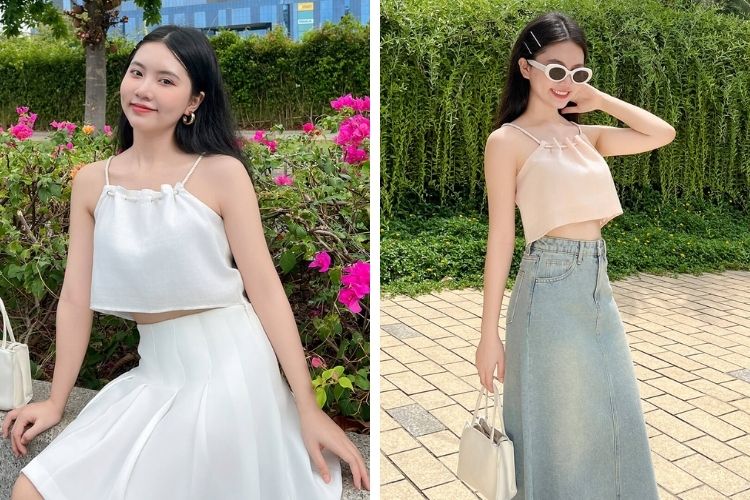 Áo 2 dây mix cùng chân váy năng động Áo 2 dây mix cùng chân váy năng động