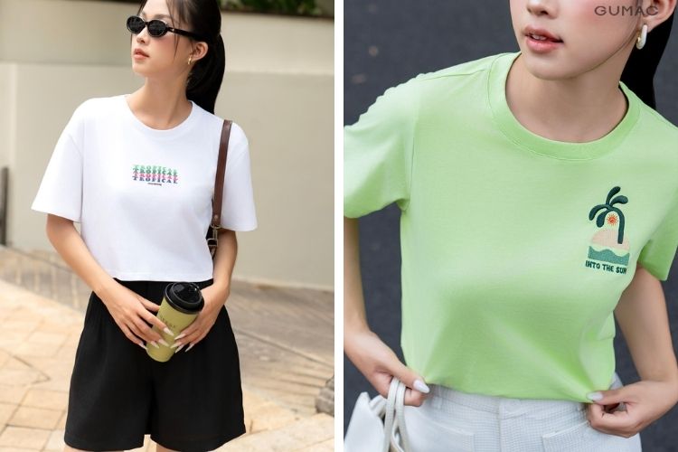 Phối áo thun cổ tròn cùng quần short Phối áo thun cổ tròn cùng quần short