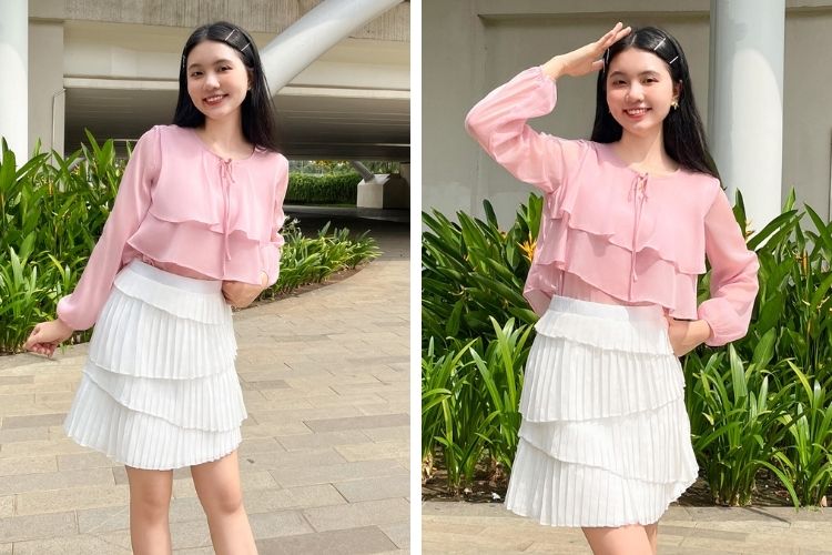 Mix áo voan cùng chân váy xếp ly Mix áo voan cùng chân váy xếp ly