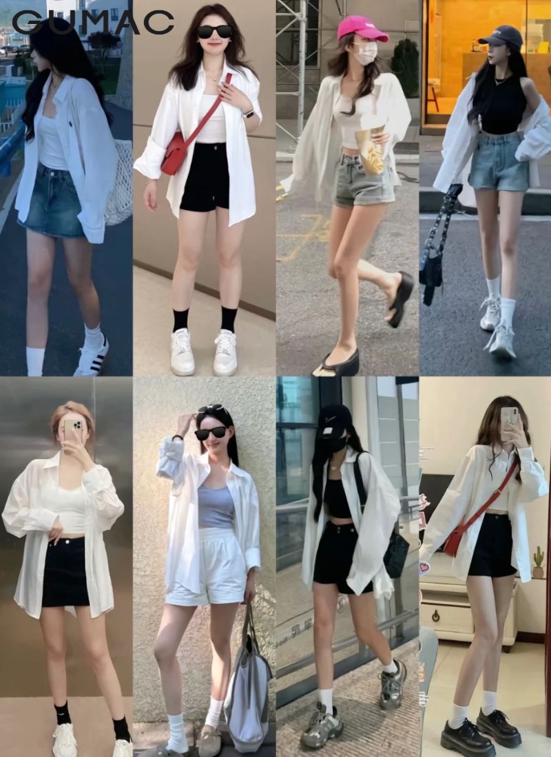 Áo 2 dây trong sơ mi cùng quần short trẻ trung