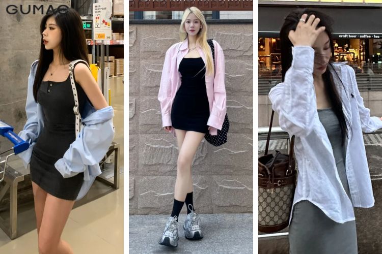 Mix váy 2 dây với áo sơ mi