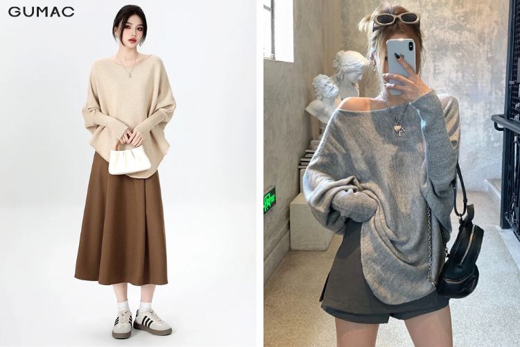 áo len cánh dơi kết hợp chân váy