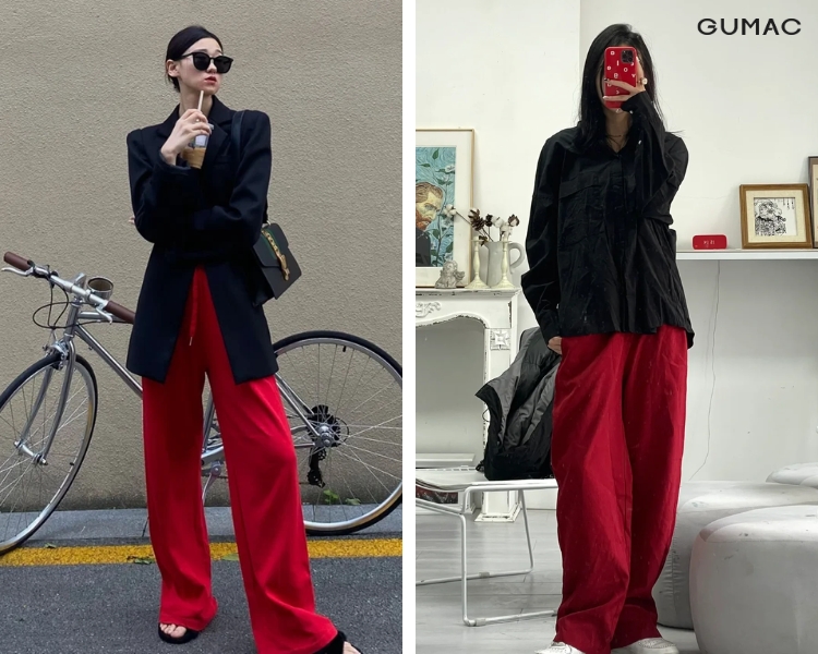 Phối đồ với áo đen nữ và quần màu đỏ