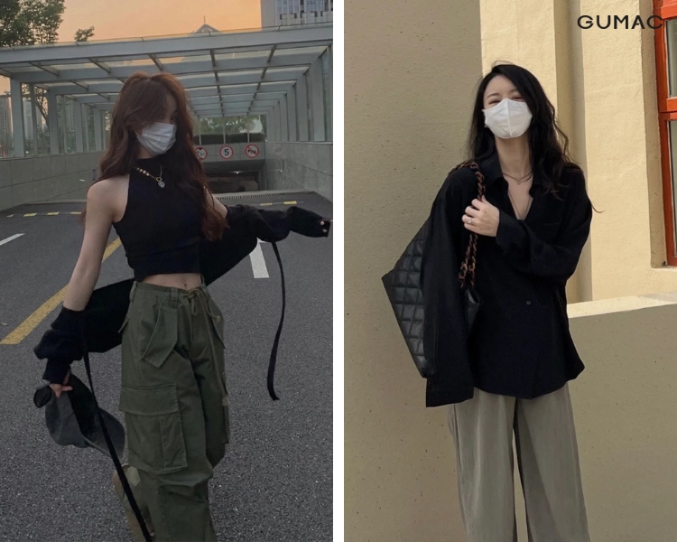 Sự phối hợp phá cách giữa quần màu xanh quân đội và áo đen