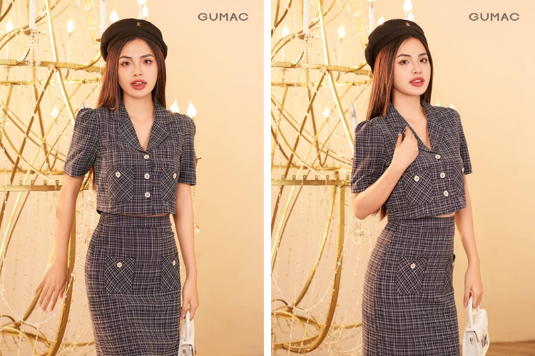 Áo tay dài cổ tròn chất dạ tweed quý phái
