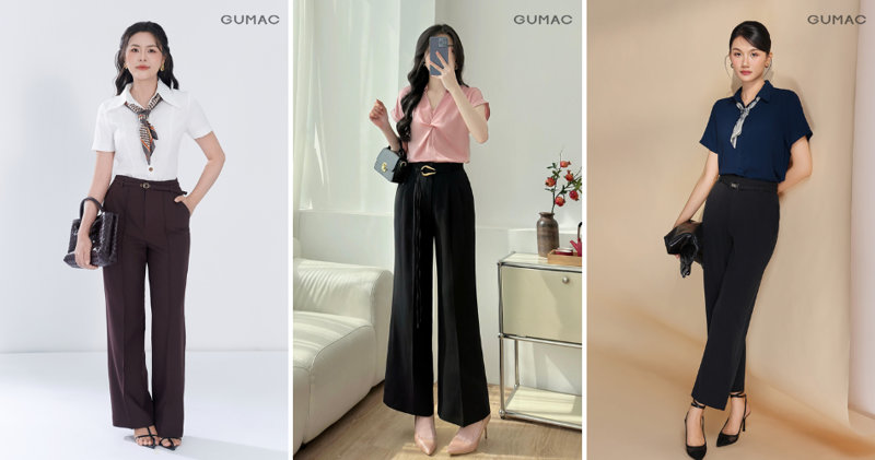 Combo áo sơ mi lửng và quần tây ống rộng thanh lịch, chuyên nghiệp.