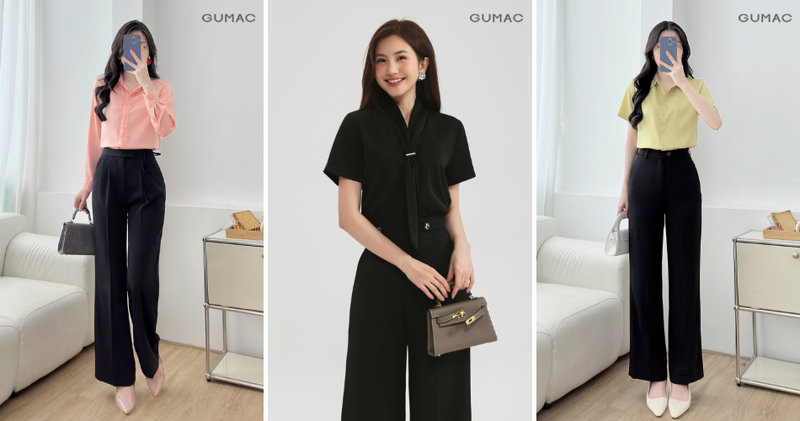 Áo sơ mi mặc cùng quần tây ống rộng đơn giản, lịch sự.