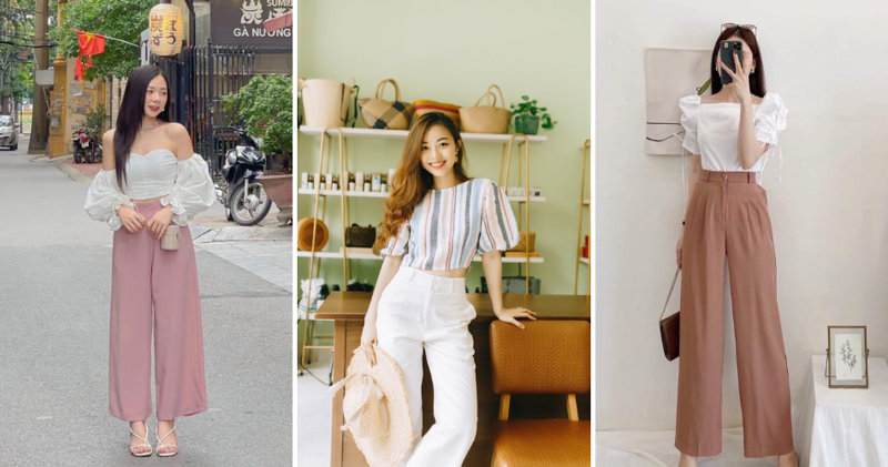 Thiết kế áo lửng tay phồng cùng quần vải ống rộng nữ tính thanh lịch.