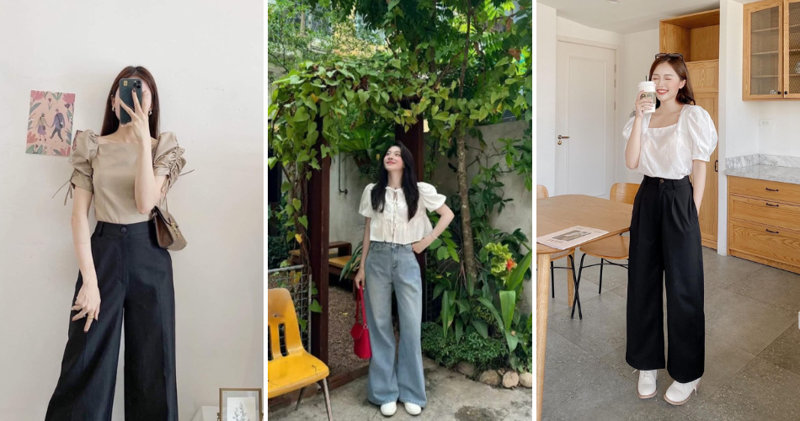 Áo lửng tay phồng kết hợp quần vải ống rộng điệu đà và nữ tính.