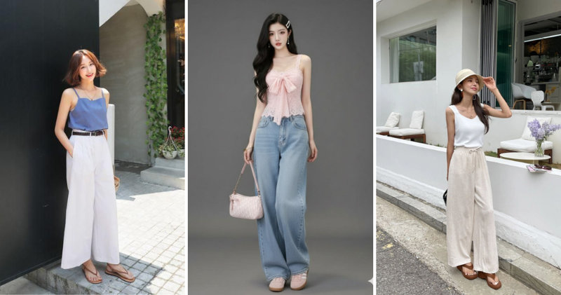 Áo hai dây và quần ống rộng năng động, cá tính