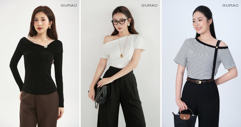 Áo lửng trễ vai cùng quần ống rộng điệu đà, tinh tế.