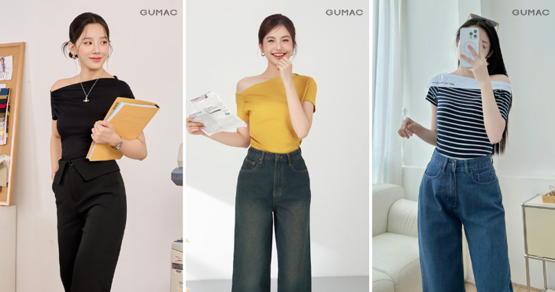 Áo trễ vai với quần ống rộng khoe trọn bờ vai thon và nhân đôi sự tự tin.