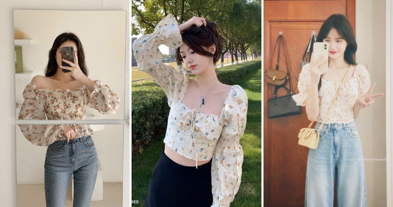Áo lửng họa tiết hoa nhí kết hợp cùng quần ống rộng  tươi trẻ, rạng rỡ.