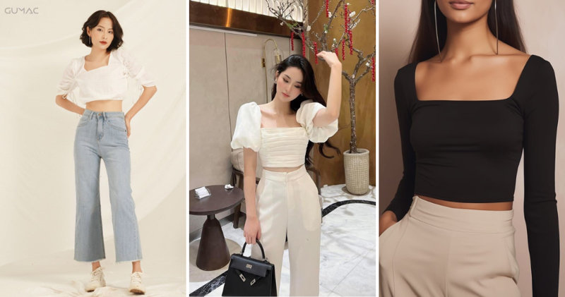 Áo lửng cổ vuông croptop mặc với quần ống rộng thanh lịch, sang trọng.