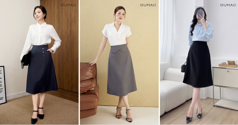 Phối đồ chân váy chữ A với áo sơ mi thanh lịch, tinh tế.