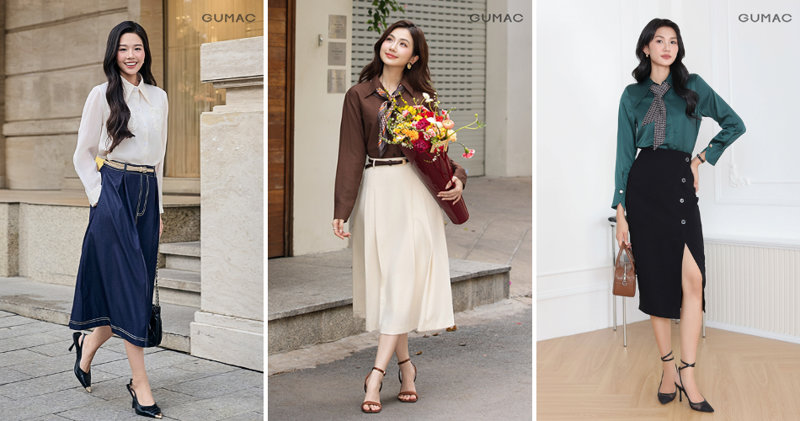 Sự kết hợp giữa sơ mi mềm mại và chân váy chữ A cạp cao là lựa chọn hoàn hảo để che khuyết điểm
