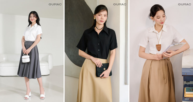 Sơ vin áo sơ mi chất liệu mềm cùng chân váy chữ A cạp cao giúp tôn vòng eo, che khuyết điểm hông