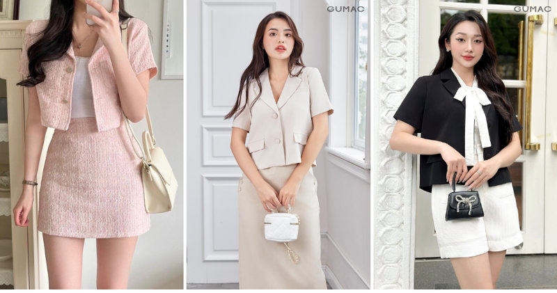 Sự kết hợp giữa áo khoác croptop giữ form và chân váy chữ A cạp cao tôn dáng năng động