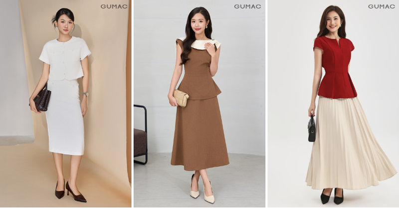 Phối chân váy chữ A cùng áo kiểu mang lại vẻ ngoài điệu đà, nữ tính.