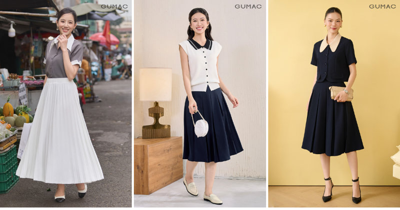 Sơ vin áo kiểu có chi tiết điệu đà cùng chân váy chữ A cạp cao tôn vinh nét duyên dáng, nữ tính đầy thanh lịch.