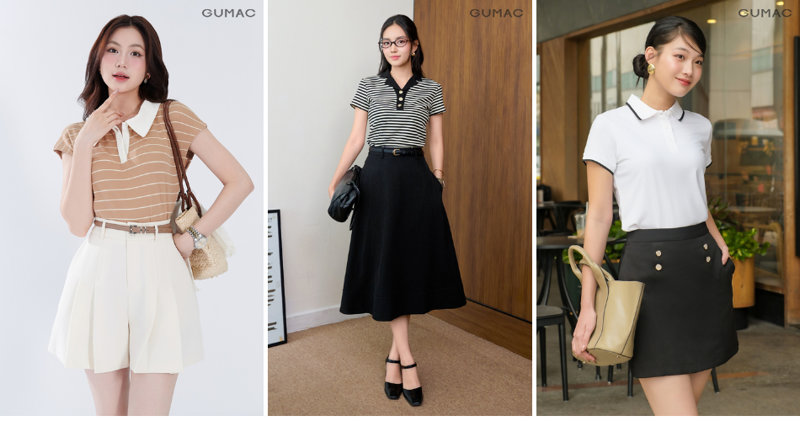 Sơ vin áo polo ôm vừa cùng chân váy chữ A cạp cao chỉn chu, năng động 