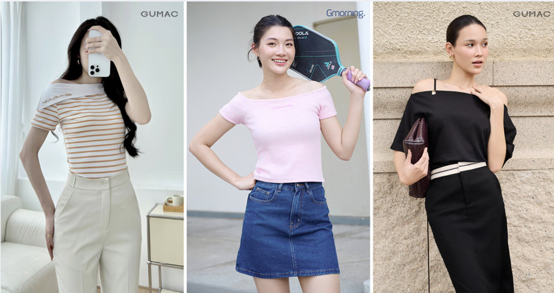 Chân váy chữ A kết hợp với áo trễ vai nữ tính.