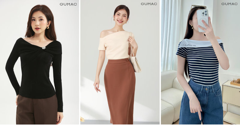 Phối áo trễ vai mềm mại cùng chân váy chữ A cạp cao khoe khéo bờ vai quyến rũ