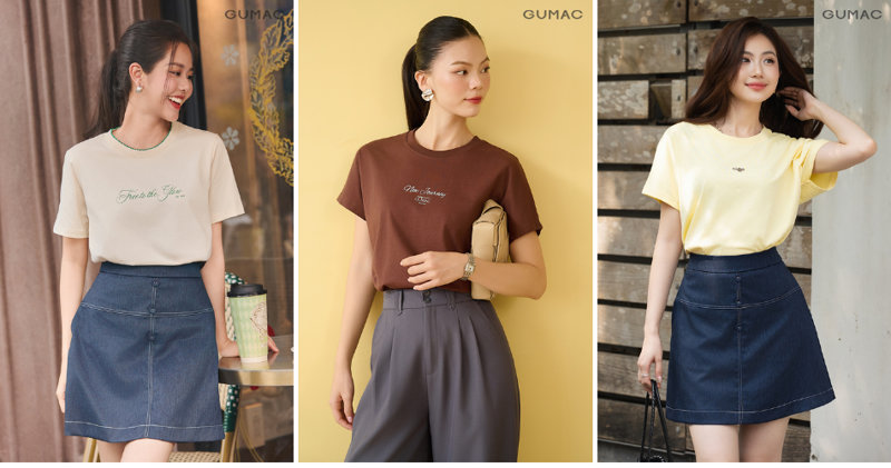 Áo thun ôm vừa cùng chân váy chữ A cạp cao năng động, gọn gàng và tôn dáng hiệu quả.