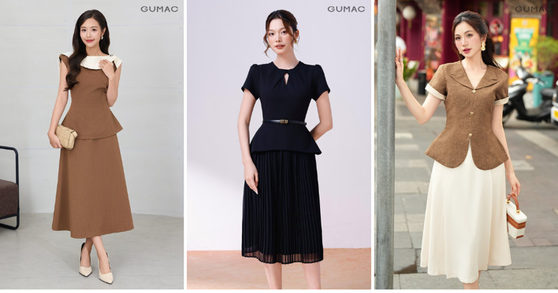 Áo peplum chiết eo cao phối cùng chân váy chữ A cạp cao giúp thăng hạng vẻ sang trọng, thanh lịch.