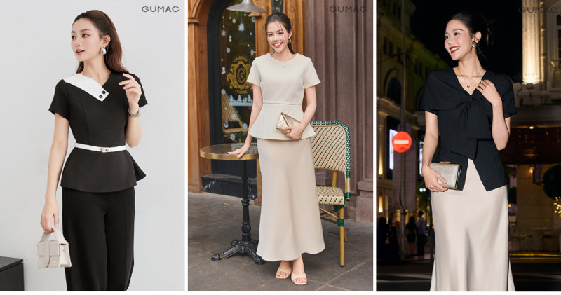 Thiết kế chiết eo của áo peplum và chân váy chữ A cạp cao giúp nàng che khéo vòng hai