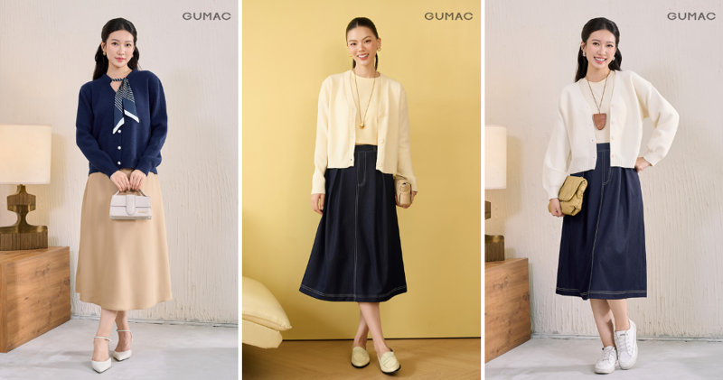 Chân váy chữ A khoác ngoài bằng áo cardigan tạo nên tổng thể dịu dàng.