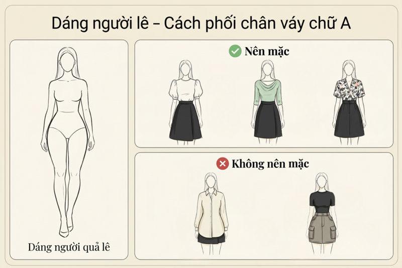 Chân váy chữ A phối với áo có chi tiết vai bồng và màu sáng sẽ giúp cân bằng tỷ lệ cơ thể cho các nàng dáng quả lê.