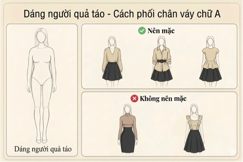 Với dáng người quả táo, hãy chọn áo cổ V và chân váy chữ A dáng ngắn để tạo sự cân đối