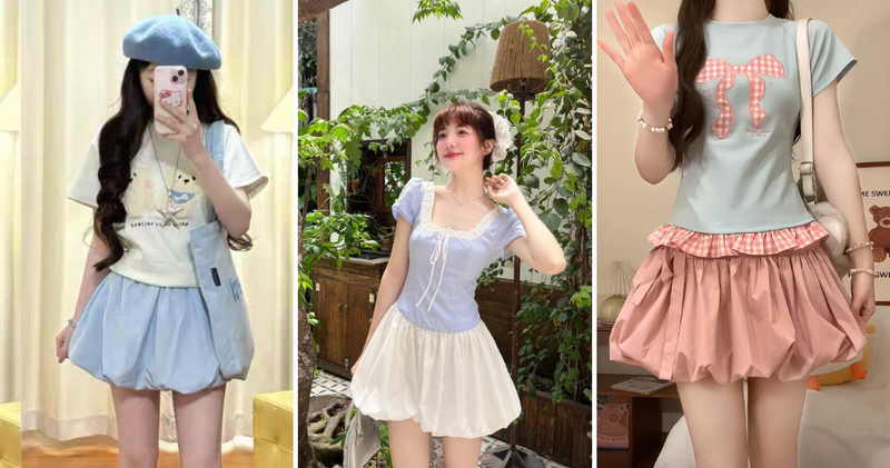 Áo thun ôm phối chân váy bí bồng bềnh mang hơi hướng cổ điển, tiểu thư.