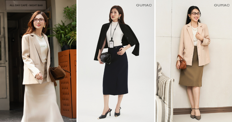 Chân váy dài chữ A kết hợp với áo blazer tạo vẻ ngoài sang trọng, quyền lực cho phái đẹp chốn công sở.