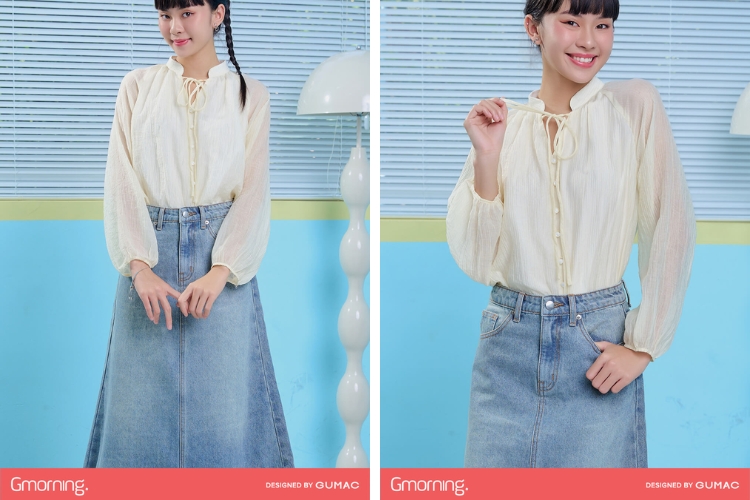 Kiểu áo sơ mi Gmorning cổ thắt nơ