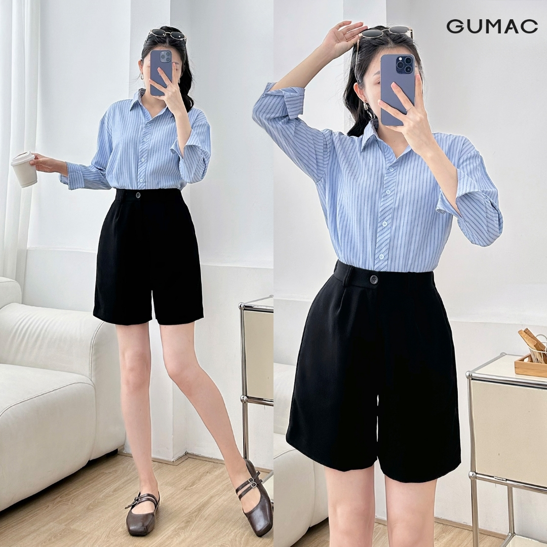 ao so mi tay dai trang phoi soc xanh mix quan short