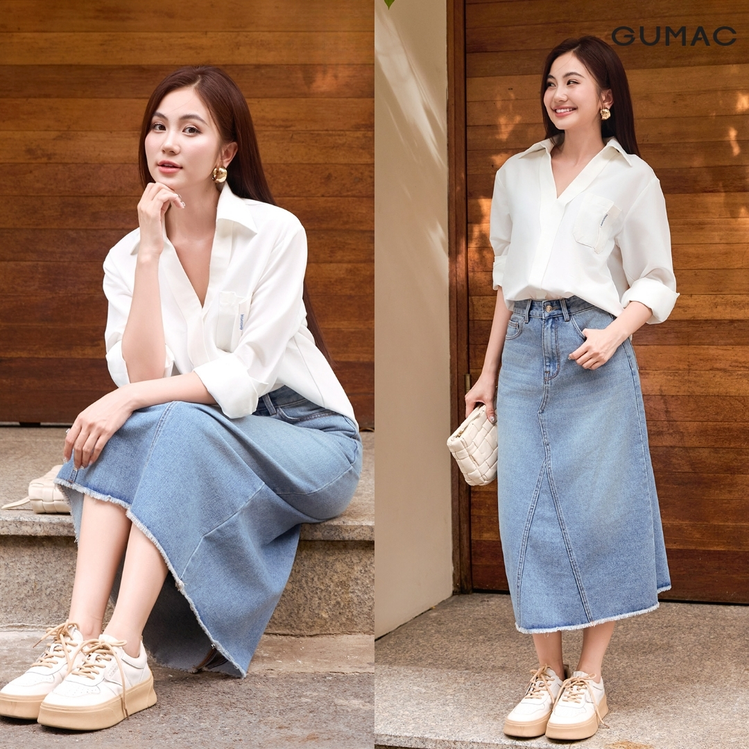 ao so mi trang tay dai gumac phoi chan vay jean