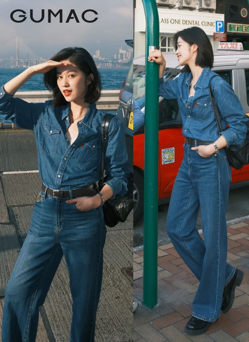 Phong cách quần jean cùng với áo sơ mi denim cho nữ
