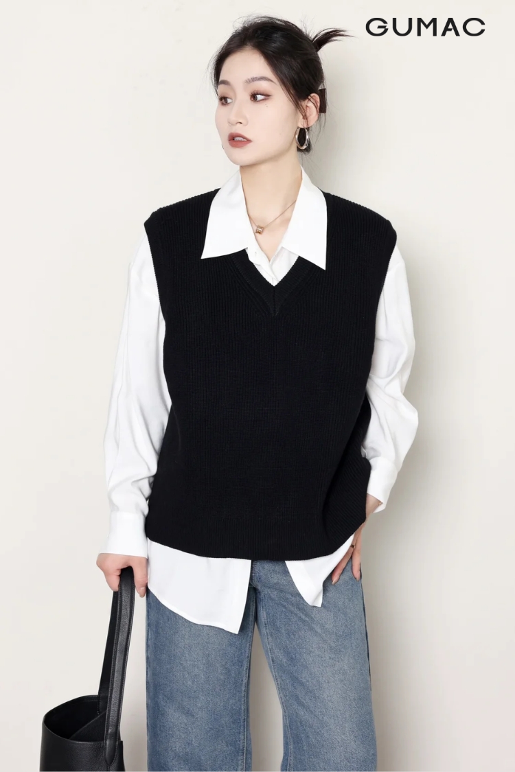 áo sơ mi quần jean nữ cùng áo vest