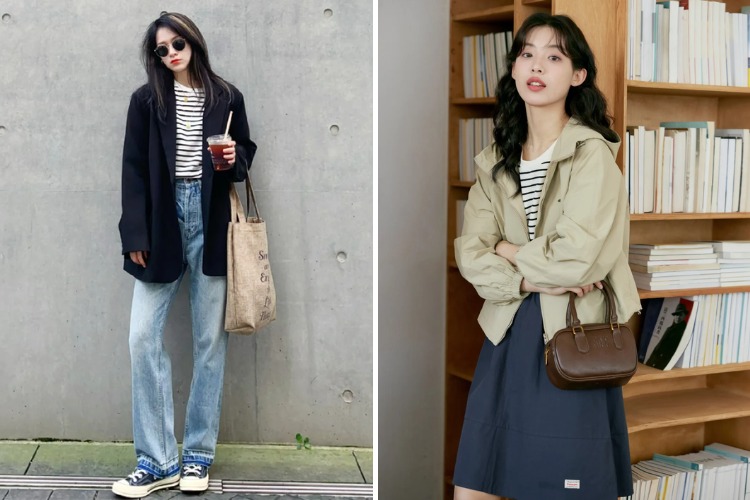 Mix áo thun sọc ngang với áo gió Mix áo thun sọc ngang với áo gió