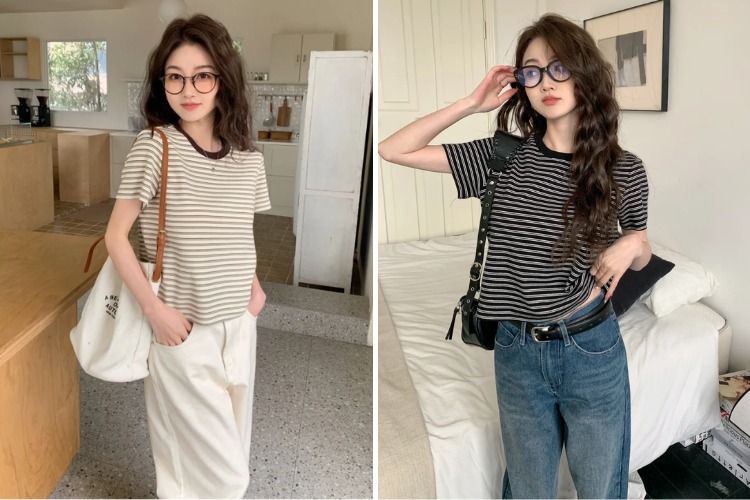 Áo thun sọc ngang với quần jeans Áo thun sọc ngang với quần jeans