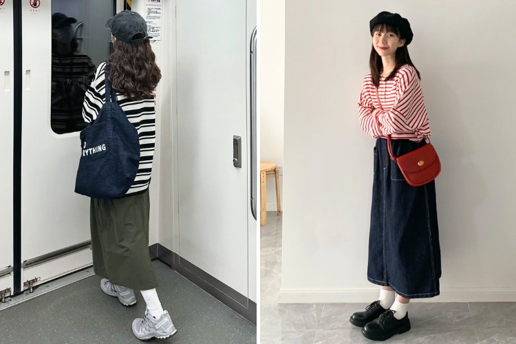 Mix áo thun sọc ngang với chân váy dài Mix áo thun sọc ngang với chân váy dài