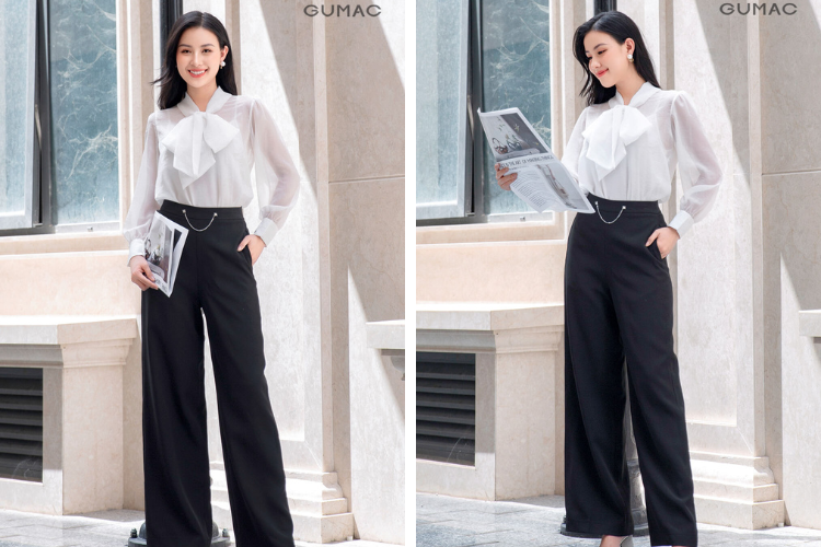 áo sơ mi voan với quần tây ống rộng