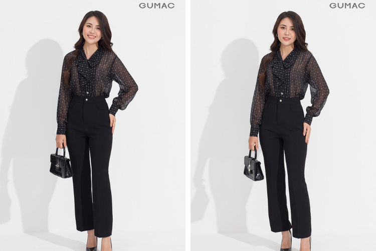 áo voan hoa với quần ống rộng đen