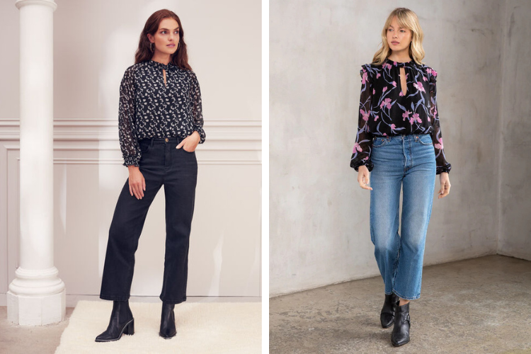 áo voan hoa nhí mặc với quần jean ống rộng