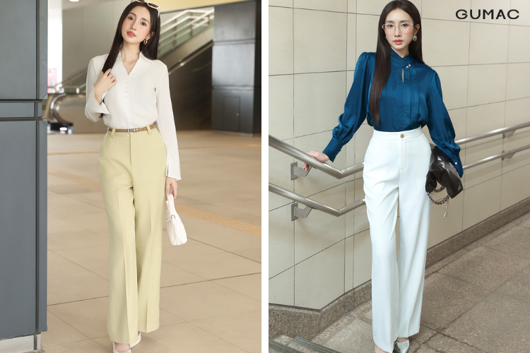 đi đồi cát mặc áo sơ mi nữ mix quần ống suông GUMAC