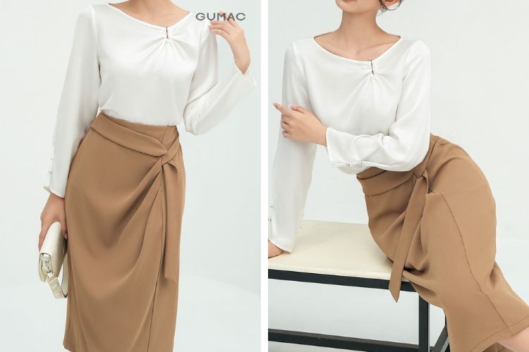 Chân váy suông mix với áo lụa Chân váy suông mix với áo lụa